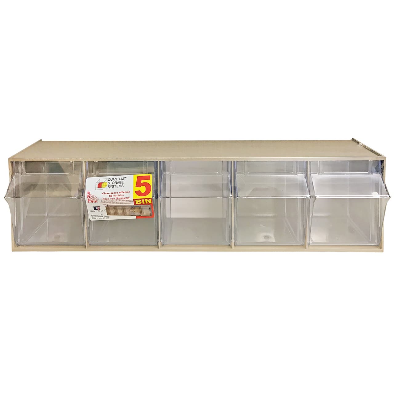 Quantum Storage Systems® 5.25" x 23.625" Ivory 5 Compartment Storage Box with Clear Tip Out Bins